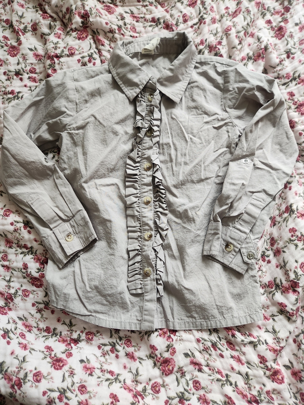 kate quinn Light Gray Ruffle-Front Button Down Shirt